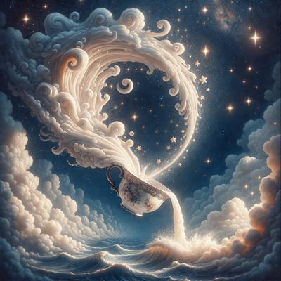 The primary subject of the image is a cup, which is floating in the air and appears to be pouring water. The setting is a nighttime scene with a starry sky, creating a serene and magical atmosphere. The visual style is a combination of digital art and illustration, giving the image a surreal and dreamlike quality. The dominant colors are shades of blue, white, and gray, which contribute to the overall mood of the scene.